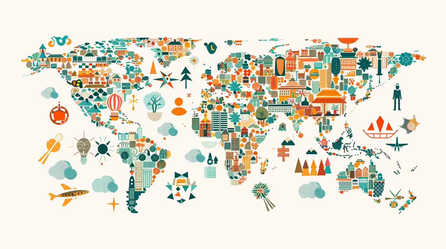 Illustration of world map with brand symbols