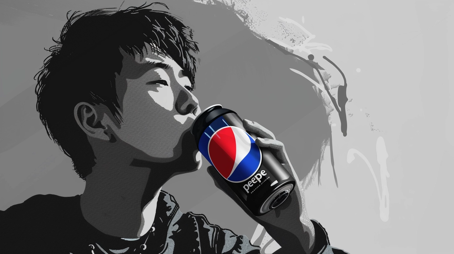 black and grey illustration of a male teenager drinking a can of cola branded for the Asian market. The logo is reminiscent of Pepsi, in white, blue and red.