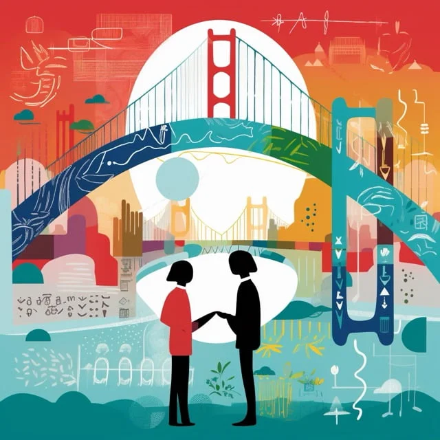 colorful illustration of a bridge over water, with two figures connecting beneath it, symbolizing how bridges are built between cultures and borders