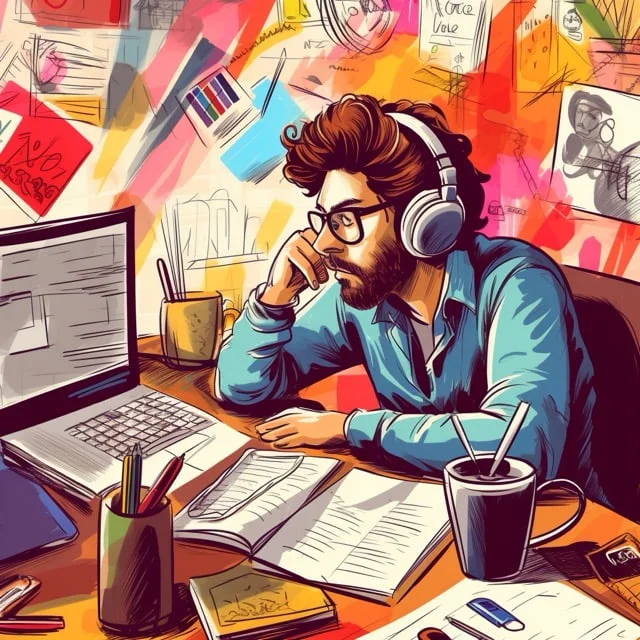 illustration of a translator sitting in resignation in front of his computer, headphones on, notes scattered everywhere, representing a lack of context provided when translation goes wrong