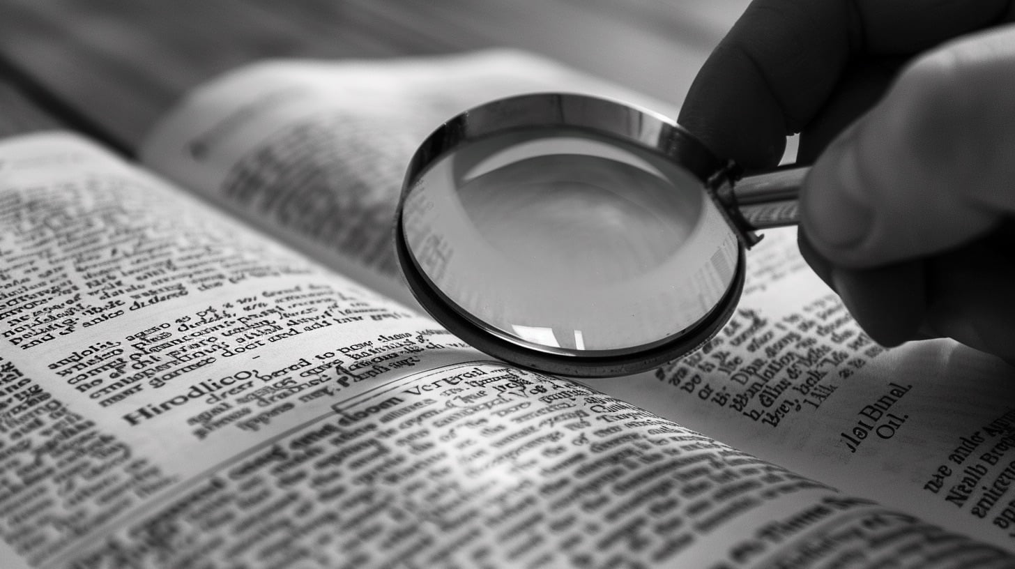 photo of a magnifying glass inspected a book's text