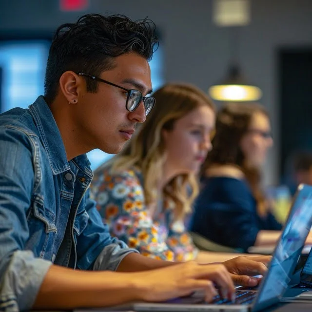two individuals engrossed in localization testing on their laptops
