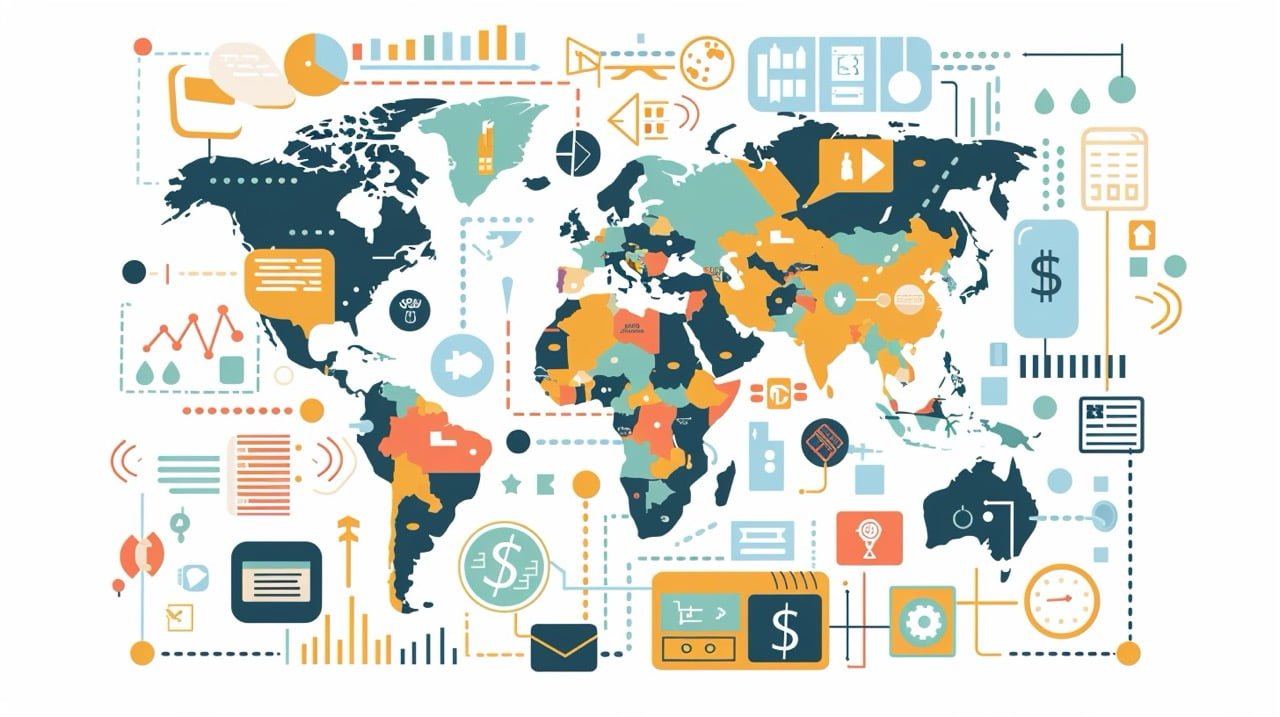 eine digitale Infografik, in der verschiedene globale Zahlungsoptionen und Währungsbezeichnungen vorgestellt werden, die die Zahlungsmodalitäten und die Preisgestaltung anpasst