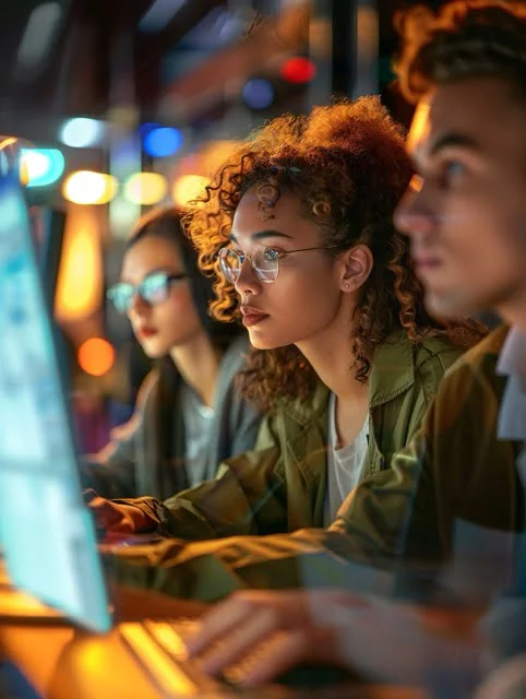 three individuals intensely focused on their computer screens in a startup office environment