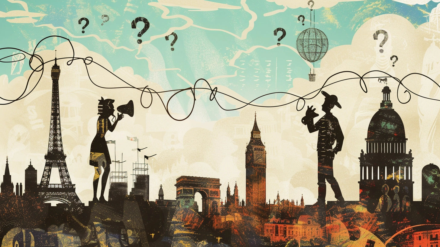 illustration depicting communication problems between countries, with jumbled wires and question marks in the air, collage style overlay of european landmarks