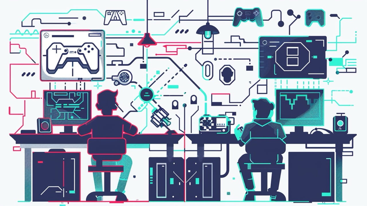 graphical illustration of independent game developers at work coding and playing video games