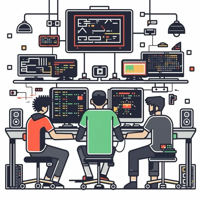 graphical illustration of independent game developers at work coding and working on game localization
