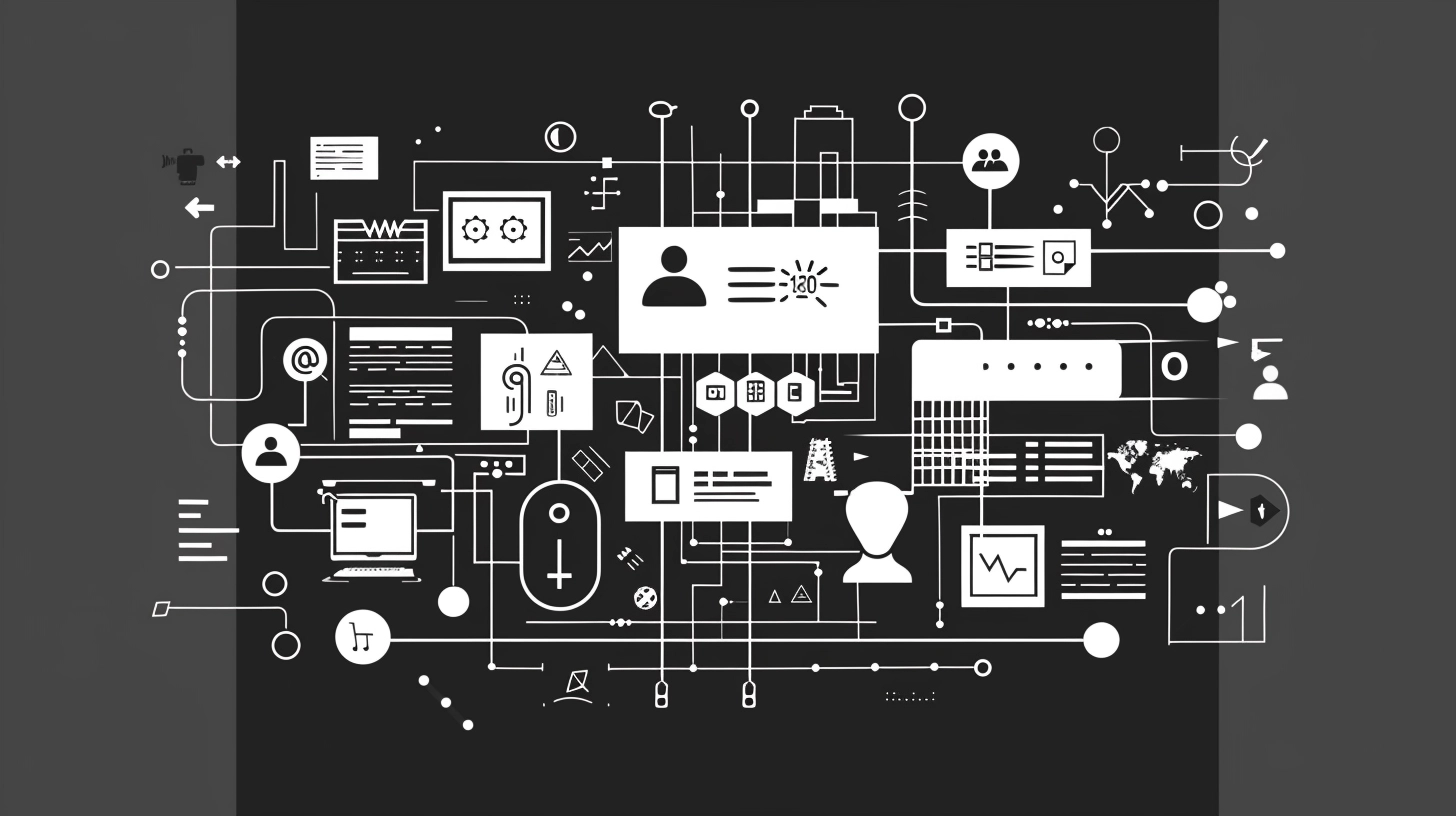 graphical black and white illustration in the style of a flowchart diagram, alluding to software development workflow