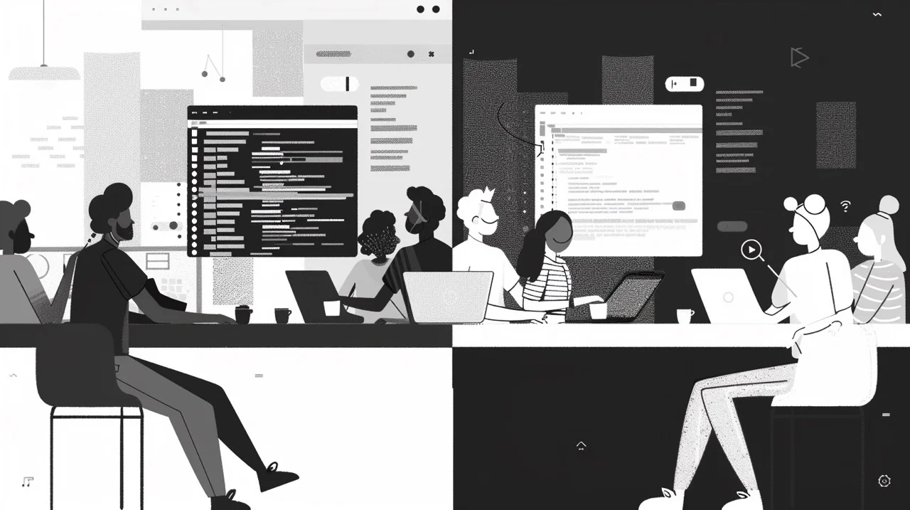 notion style flat illustration, black and white, split screen showing a code editor on one side and a group of people using various devices on the other side, symbolizing the best way to localize a website