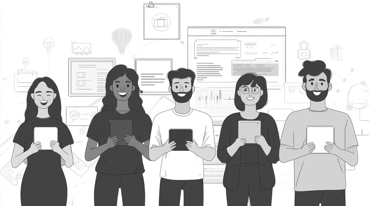 flat black and white illustration of a group of people from different cultures holding various mobile devices and smiling together in a modern office setting, with a software application interface in the background