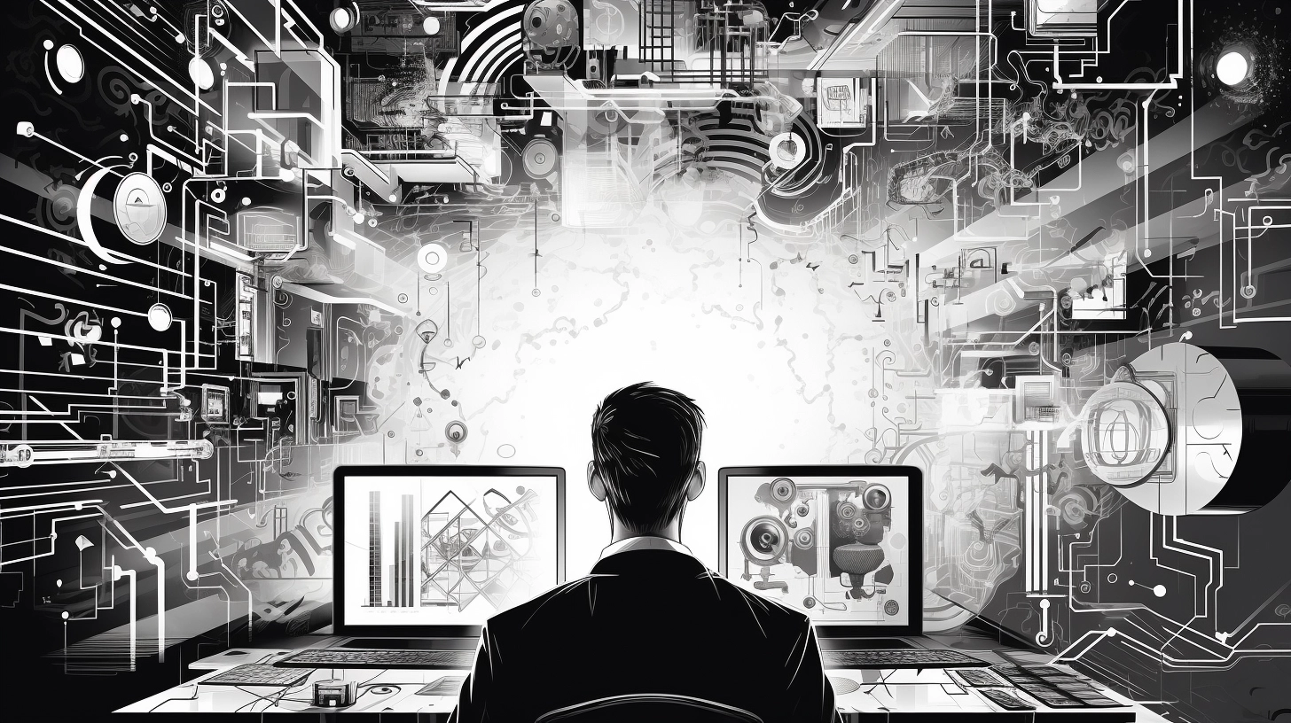 black and white illustration of a man with his back facing us as he works on testing localized interfaces. Beyond his workstation with two screens is an abstract, futuristic, computer-relay like pattern surrounding the desk.