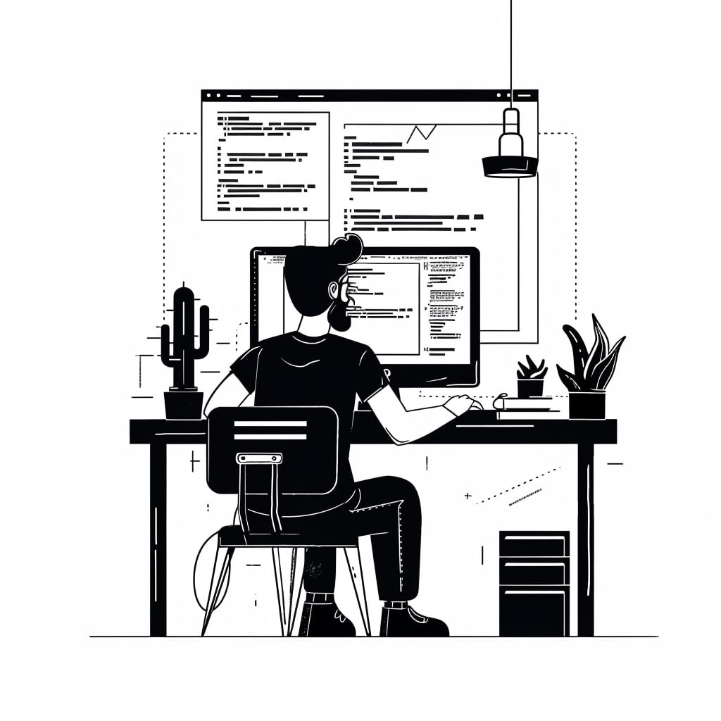 schwarz und weiß Illustration eines Web-Entwicklers
