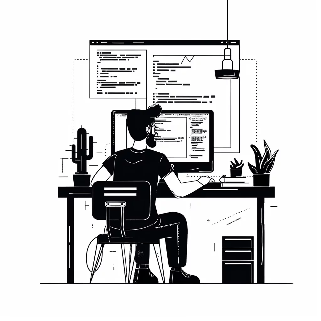 notion style black and white illustration of a web developer coding