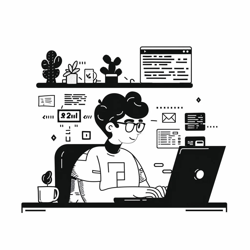 notion style black and white illustration of a web developer working on website localization best practices