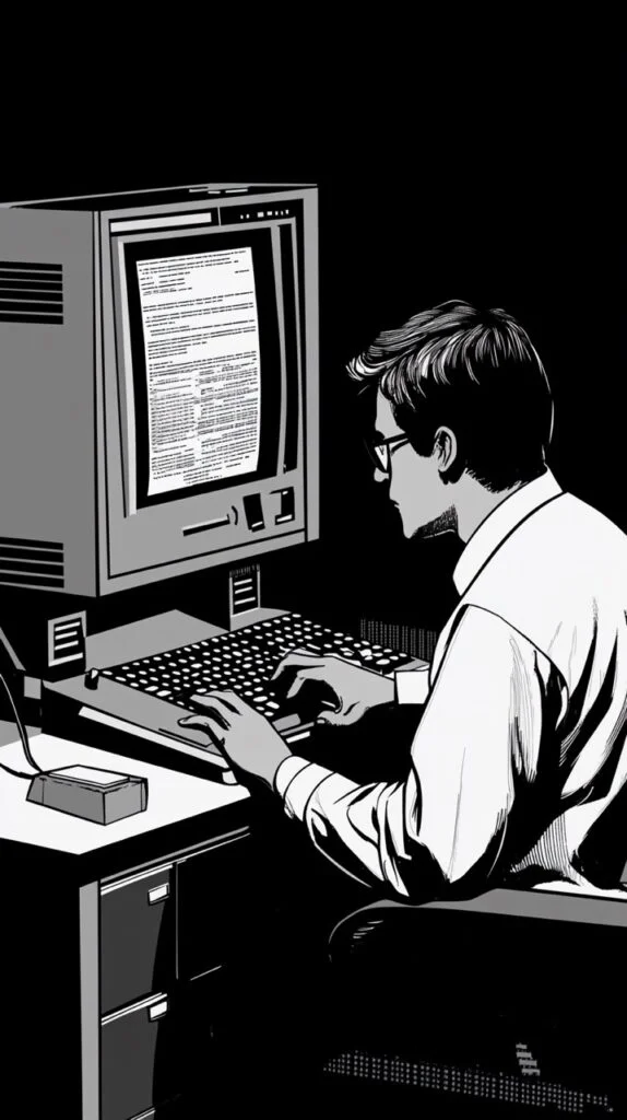 notion style flat, black and white illustration of a translator working in the late 1980s at a large desktop computer typical of the time