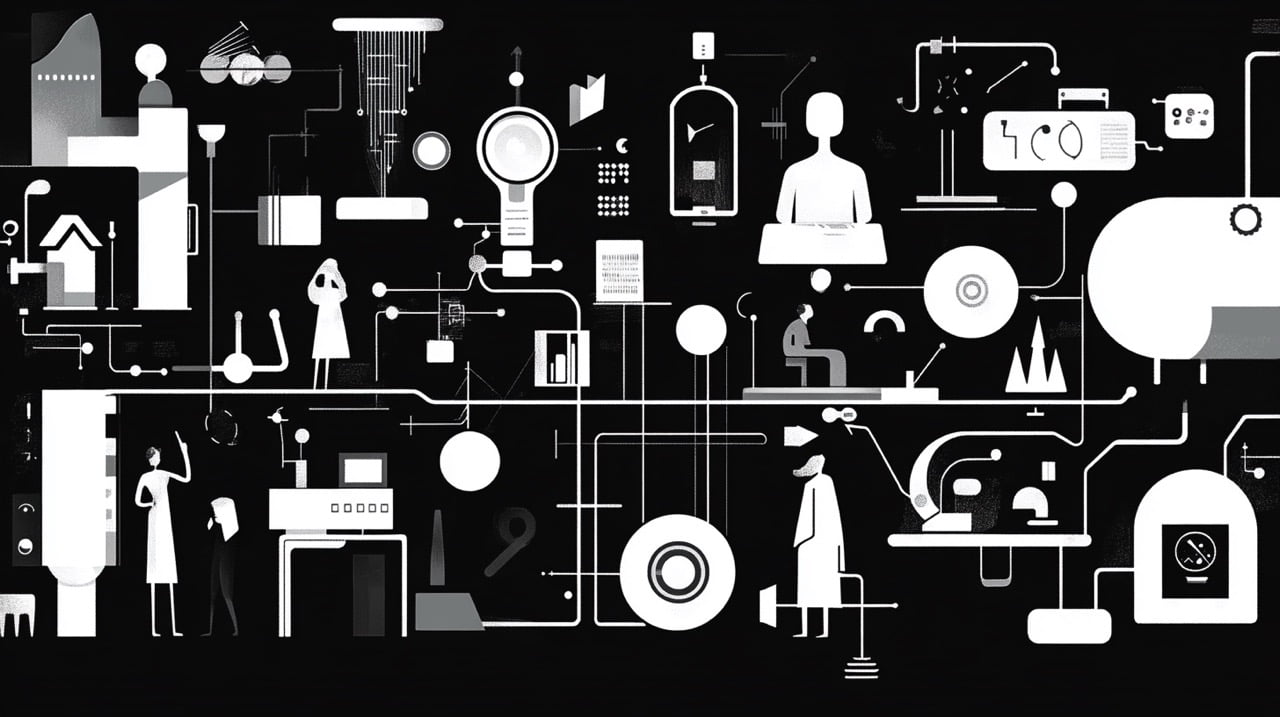 flat, black and white graphical illustration of a timeline showing translators from the early 20th century through today, showcasing the tools they used