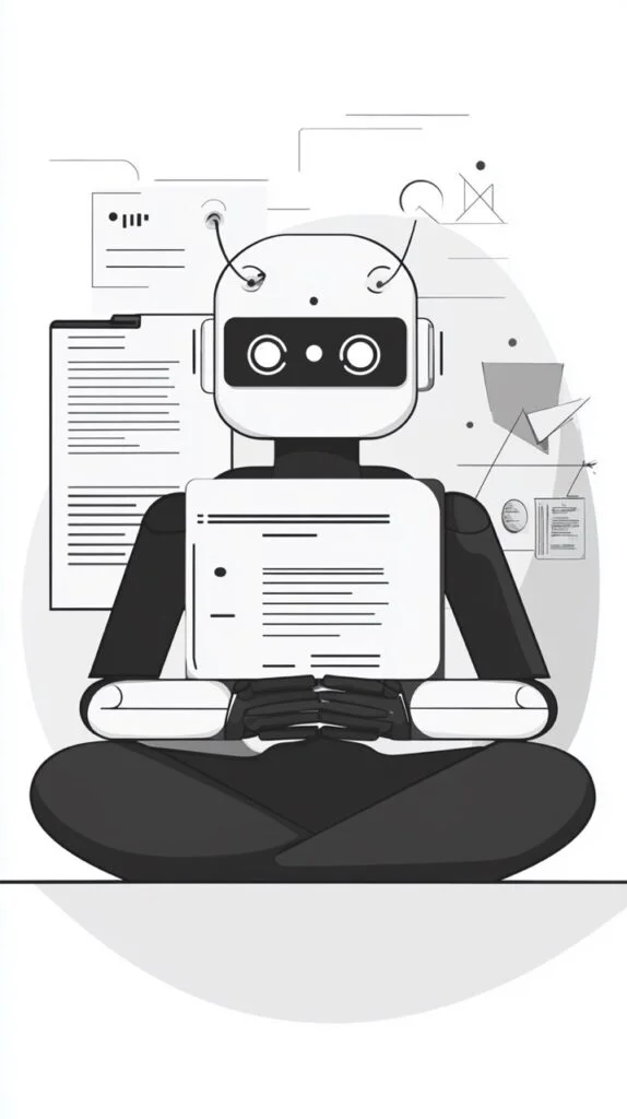notion style flat, black and white illustration of an AI bot working as a translator