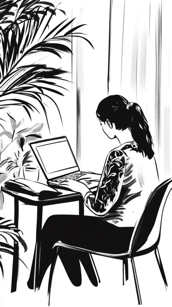 notion style flat, black and white illustration of a translator working in the 2000s at a laptop. Throughout the short history of localization translators have leveraged modern tools and technologies faster than most other industries.
