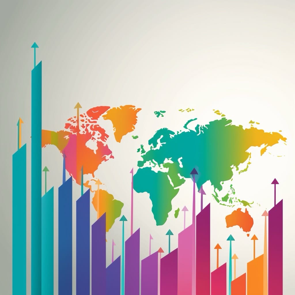 Buntes Diagramm, das das Wachstum darstellt und eine Weltkarte überlagert, um Globalisierung und Internationalisierung darzustellen