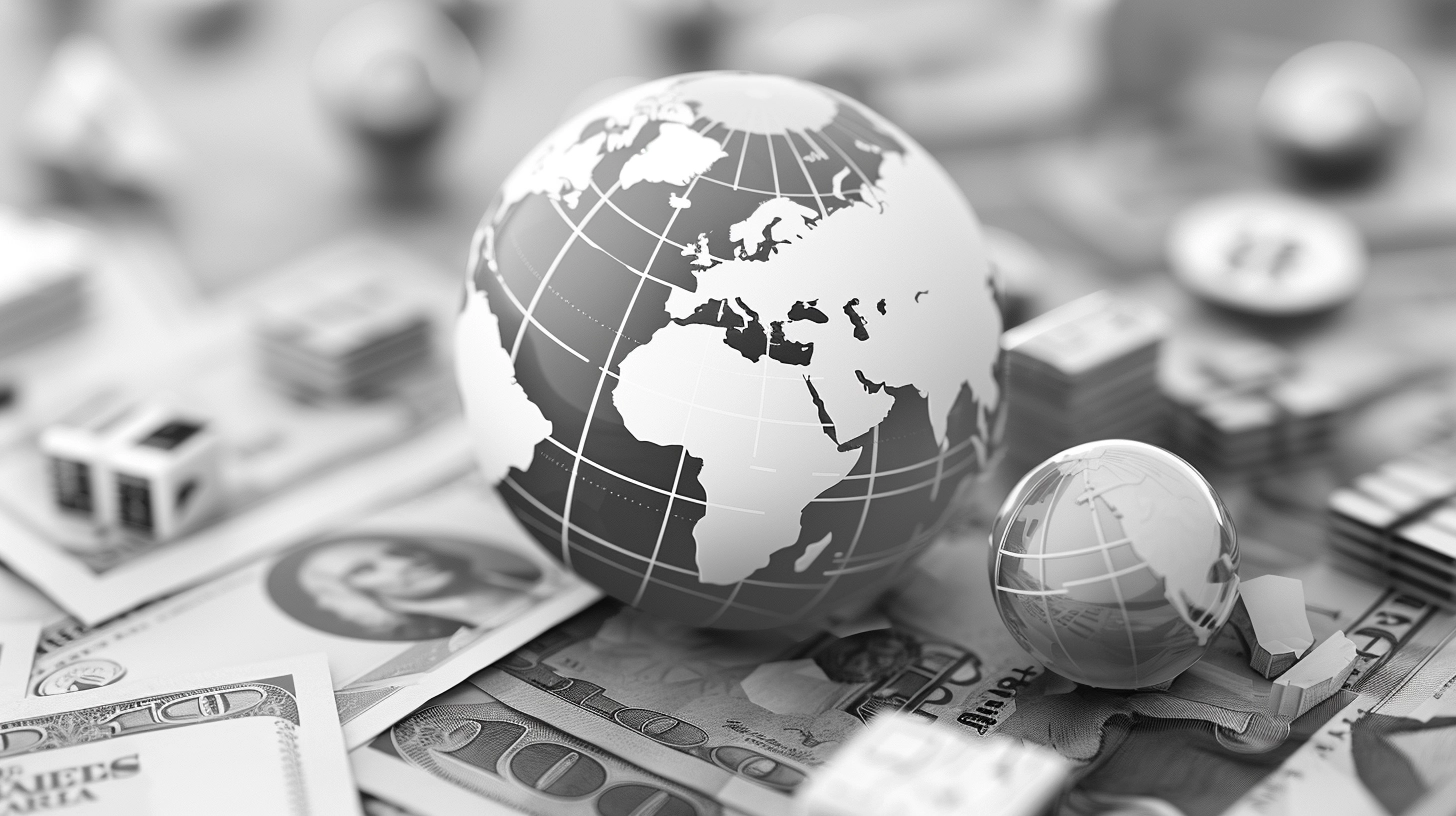 black and white photo of two mini globes atop of hundred-dollar bills