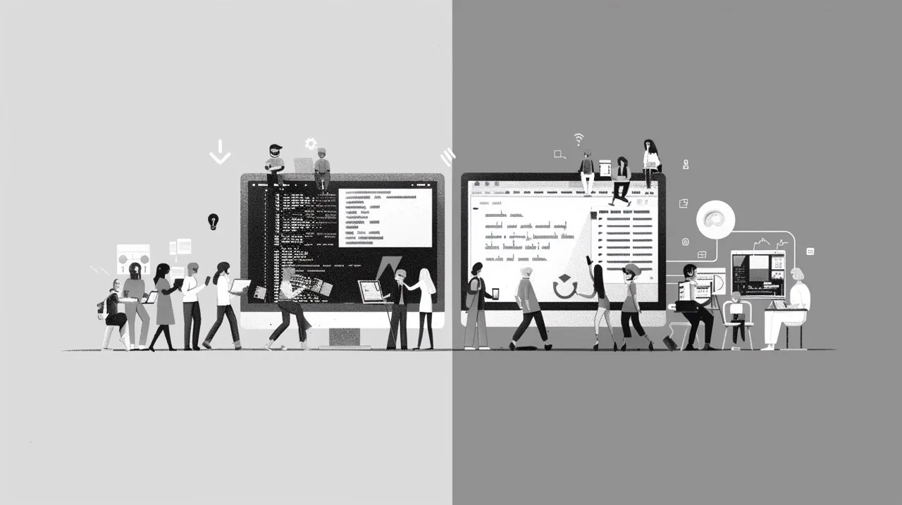 flache Illustration, schwarz-weiß, geteilter Bildschirm mit einem Code-Editor auf der einen Seite und einer Gruppe von Personen, die verschiedene Geräte benutzen, auf der anderen Seite, als Symbol für die Vorteile der Lokalisierung