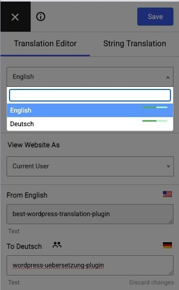 screenshot of translatepress plugin translating English to German website