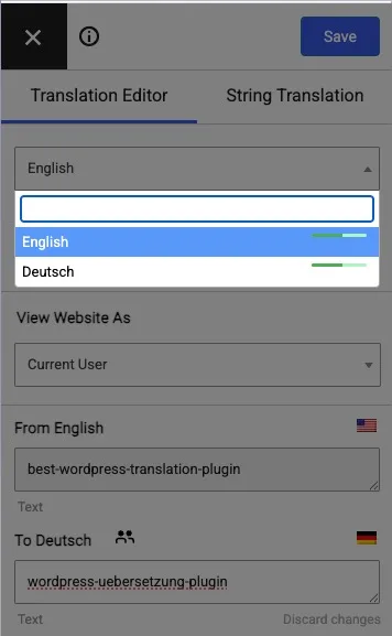 screenshot of translatepress plugin translating English to German website